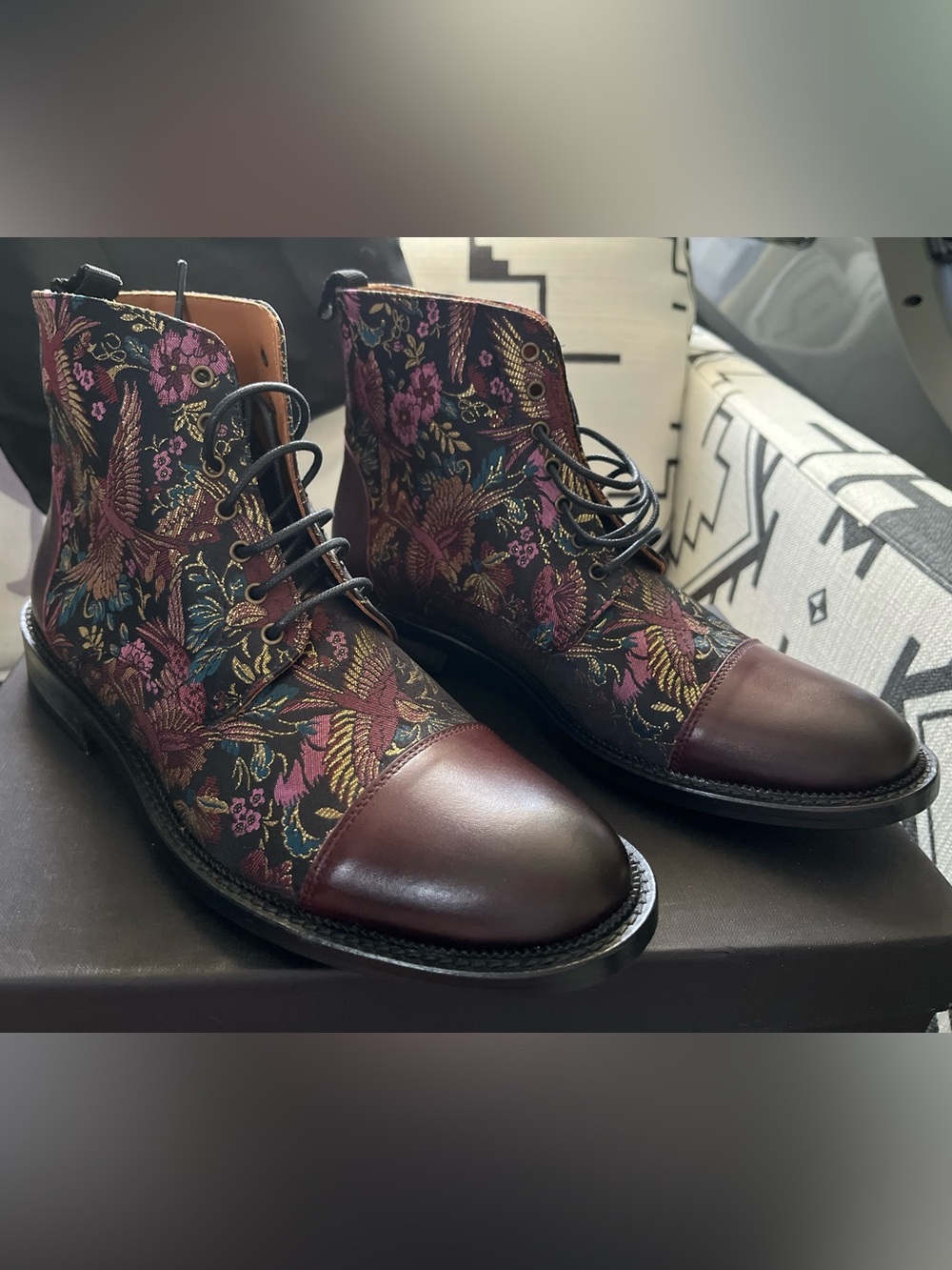 Men's Taft Burgundy Floral Brocade Cap-Toe Lace-Up Boots